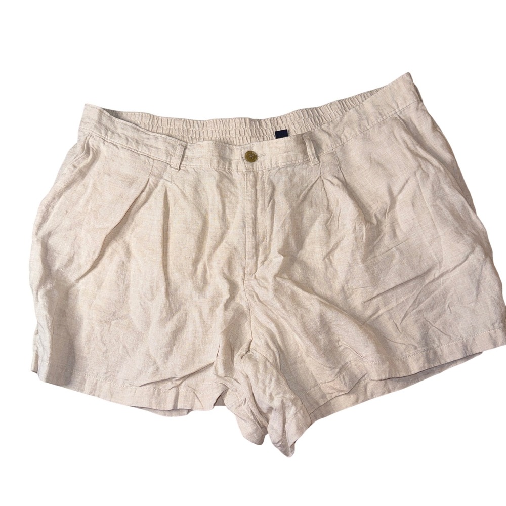 Lands‎ End Linen Shorts 24W Beige tan High Rise Pleated Elastic Back